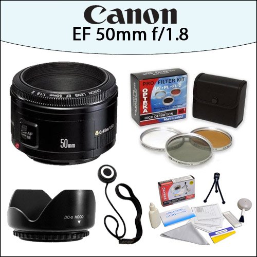 Canon EF 50mm f/1.8 II Camera Lens With Opteka HD² 3 Piece (UV, PL, FL) Filter Kit, 52mm Screw Mount Lens Hood And More