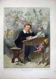 1889 COLOUR PRINT LITTLE BOY SCHOOL DESK WRITING BOOK
