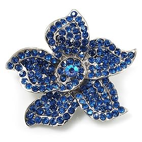 Small Sapphire Diamante Flower Brooch (Silver Tone)