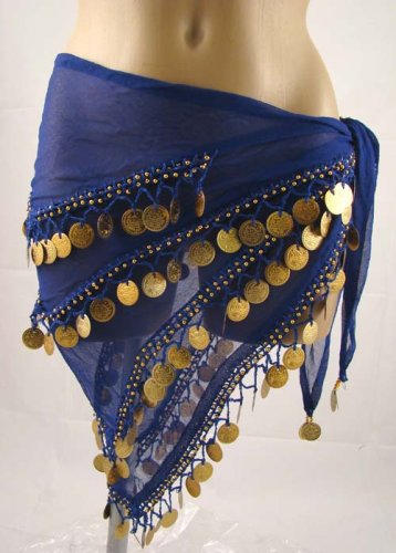 ~ Hot Belly Dancers Golden Coins/Beads Blue Hip Scarf ~