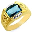 10k Yellow Gold Diamond & Blue Topaz Mens Ring - Size 10.5