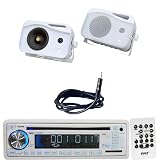 Pyle Marine Radio Receiver, Speaker and Cable Package - PLCD35MR AM/FM-MPX IN-Dash Marine CD/MP3 Player/USB & SD Card Function - PLMR25 4 300 Watt 3-Way Weather Proof Mini Box Speaker System (White) - PLMRNT1 22" Weather Resistant Radio AM/FM Marine Wire Antenna Braided Cable