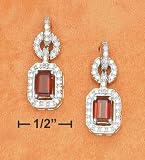Sterling Silverrp Fancy Cz Post Dangle with Garnet 6X4mm Emerald Cut Earrings