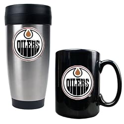 Edmonton Oilers Stainless Steel Travel Tumbler & Black Ceramic Mug Set - Primary Logo NHL Hockey