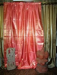 Rod Pocket - Pair Red Gold Brocade Silk Sari Saree Curtains