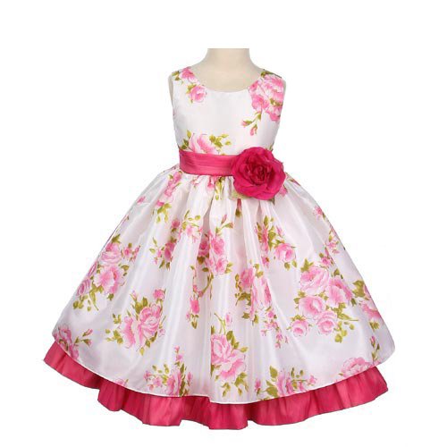 Flower Girl Dresses - Floral Tafetta Dress with Pink Fuchsia Accents and Flower (Size 1/2 - 11/12) Inexpensive Flowergirl Gowns