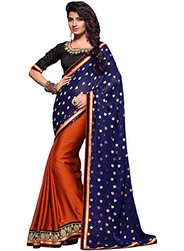 IndusDiva Dark Orange and Navy Blue Satin and Chiffon Half and Half Saree