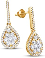 10K Yellow Gold Round Brilliant Cut Diamond - Pear Shape Halo Channel Set Dangle Earrings with Secure Screw Back Closure - (1.47 cttw.)