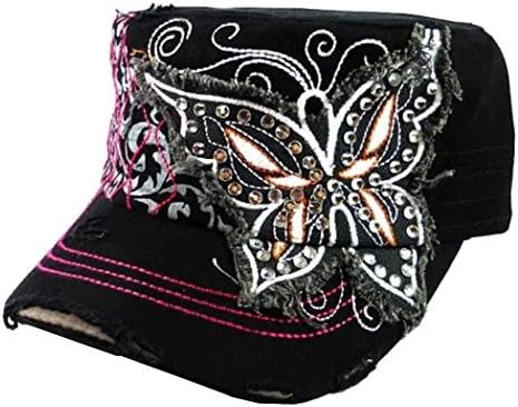 Leader Original Vintage Cadet Cap Distressed Style Hat with Bling Butterfly Black