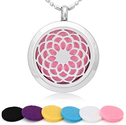Aromatherapy Essential Oil Diffuser Necklace, Stainless Steel Locket Pendant + 6 Felt Pads, 24" Chain