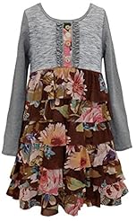 Girls Tiered  Chiffon/Cotton/Polyester/Spandex/Knit Round Neck Striped Print Floral Print Long Sleeves  Dress With Ruffles
