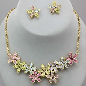 Bold and Beautiful X-Large and Fancy Multi-Colored Crystal Flower Necklace and Earrings Set Gold...