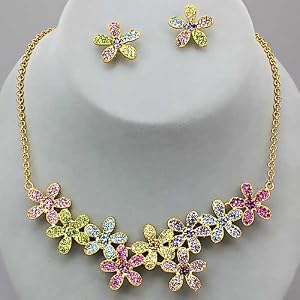 Bold and Beautiful X-Large and Fancy Multi-Colored Crystal Flower Necklace and Earrings Set Gold...