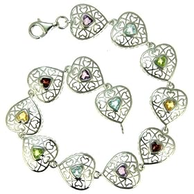 Silver Ladies' Filigree Heart Multi Coloured Cubic Zirconia Set 19cm Bracelet
