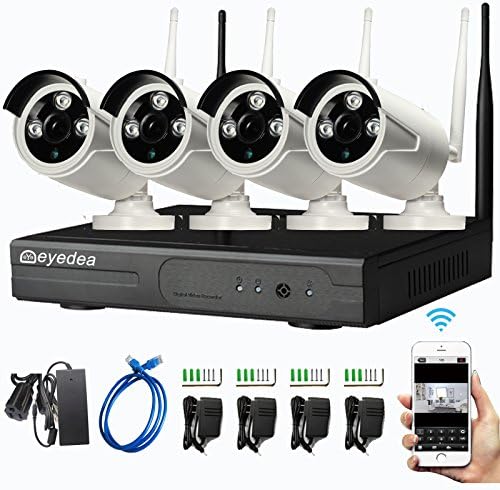 Eyedea 4 CH 3500TVL WIFI NVR Wireless Video Surveillance DVR Strong Signal Security Camera System with 4 IP Network 720P Night Vision CCTV Security Cameras Plug and Play Smart Phone APP Remote View