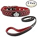 Newtensina Dog Collar and Lead Set Nylon Straps Woven Bling Collar Leather Diamante Puppy Collar with Leash for Dogs - Red - M