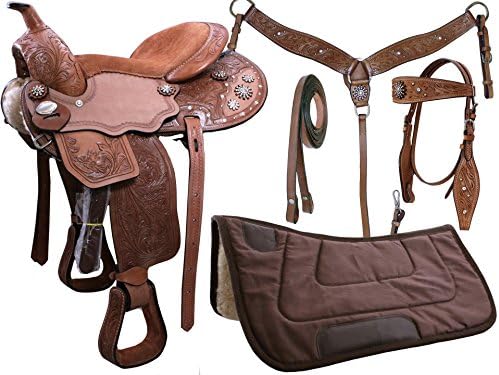 Tahoe Kids and Adults Sparkle Conchos Floral Tooled Western Saddle 5 Items Set (10")