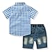 FERENYI Toddler Boy's Clothes Short Sleeved Plaid Woven Shirt with Denim Shorts Sets (3 Years, Blue)