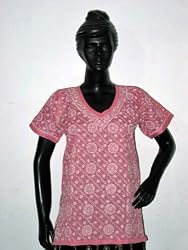Christmas Sale Hot Pink Tunic Yoga Cotton Kurti Clothing of India Casual Top Chikan Embroidery Size S