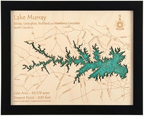 Lake Moultrie (With Lake Marion) in Calhoun Orangeburg Clarendon Berkeley Sumter, SC - 2D Map (Black Frame/No Glass Front) 11 x 14 IN - Laser carved wood nautical chart and topographic depth map.
