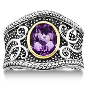 Vintage Amethyst Filigree Ring For Women in 14k Yellow Gold and Sterling Silver (1.36ct)