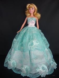 White and Blue Ball Gown with Blue Lace Detail on the Botice and Skirt Made to Fit the Barbie Doll