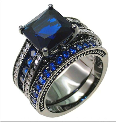Blue Main Stone With Blue Cz Setting Stone Women Engagement Wedding Black Rings Set Size 8