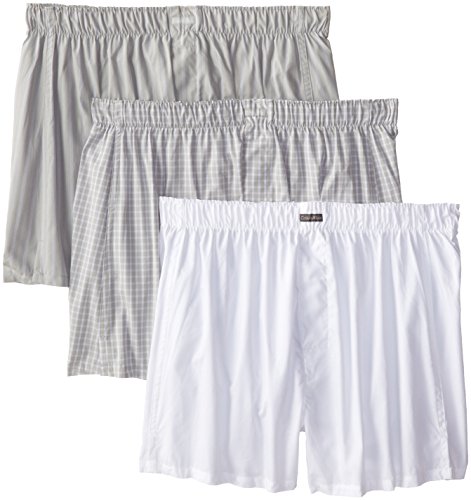 Calvin Klein Men's 3-Pack Woven Boxers, Exxex Stripe/White/Alexander Plaid, Large
