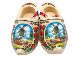 Wooden Shoe Clogs Dutch Landscape Design Natural Wood and HollandTulips (5.25
