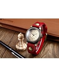 Youyoupifa Ladies Gear Round Face Alloy Dial Red Leather Strap Quartz Wrist Watch