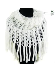 Apparel: kilofly Knit Circle Neck Warmer Tassels Scarf, White, with Crystal Rhinestone Cat Brooch Pin