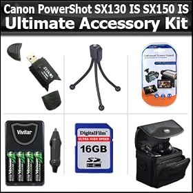 16GB Accessory Kit For Canon PowerShot SX160 IS, SX160IS SX130 IS SX130IS SX150 IS SX150IS Digital Camera Includes 16GB High Speed SD Memory card + USB 2.0 Card Reader + 4AA High Capacity Rechargeable NIMH Batteries And AC/DC Rapid Charger + Case + More