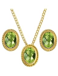 3.00 Ct Oval Checkerboard Green Peridot 925 Yellow Gold Plated Silver Pendant Earrings Set