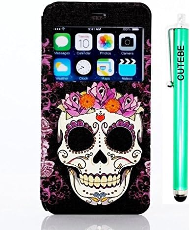Cutebe Iphone 6 Case - Flowe Cool Head Skull Style Flip Cover Leather Smart View Window Card Stand Wallet Case for iphone 6 4.7 Inch with Touch Stylus Pen