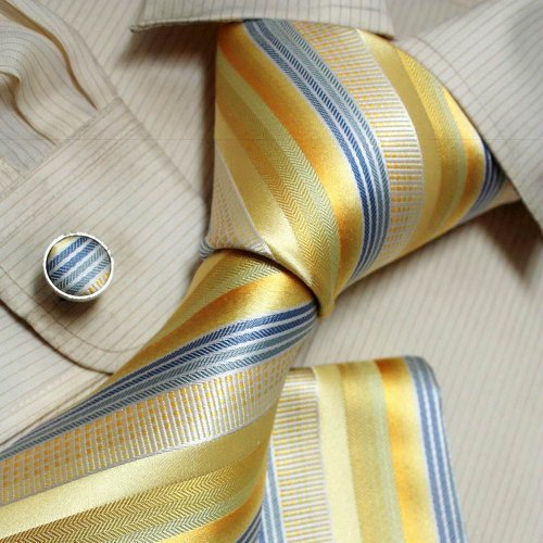 Discount Gold Stripes Woven Silk Tie Handkerchiefs Cufflinks Gift Box Set blue valentines day H6078