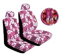 Pink Universal-Fit Hawaiian Hibiscus Floral Print Low Back Front Bucket Seat Cover With Separate Headrest Cover, Steering Wheel Cover and Shoulder Seat Belt Pads Combo