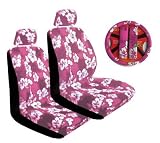 Pink Universal-Fit Hawaiian Hibiscus Floral Print Low Back Front Bucket Seat Cover With Separate Headrest Cover, Steering Wheel Cover and Shoulder Seat Belt Pads Combo