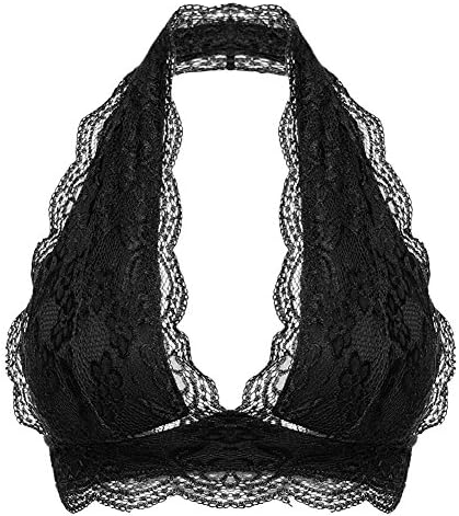 Women Halter V-neck Floral Lace Bralette Bustier Padded Bra Top Sheer