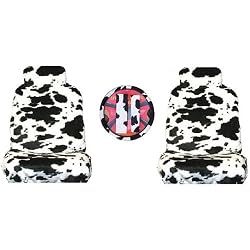 7 Piece Black White Cow Safari Animal Print Auto Interior Gift Set - 2 Low Back Front Bucket Seat Covers, 2 Separate Headrest Covers, 1 Steering Wheel Cover, and 2 Shoulder Harness Pressure Relief Cover