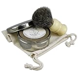 Premium Shaving Set with "Smooth Shave" Hand Made All-Vegetable Shave Soap, Faux Ivory Badger Brush & Stainless Travel Bowl ~ Seattle Sundries