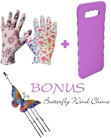 2 Pack Garden Gloves for Women + Garden Kneeling Pad - Breathable Nitrile Garden Gloves, Elastic Wrist - Thick Kneeling Cushion - Bonus Wind Chime