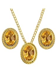 2.10 Ct Oval Checkerboard Yellow Citrine 925 Yellow Gold Plated Silver Pendant Earrings Set