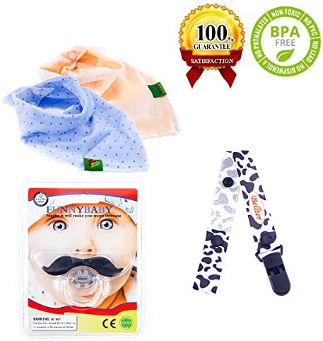 SPAZI Baby Drool Bibs 2 Pack with One Funny Mustache Pacifier and an Adjustable Clip - Ideal Gift For Newborn Infant Baby (Set of 4)
