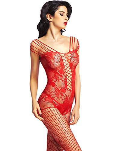 Amoretu Womens Sexy Lingerie Fishnet Bodysuits Crotchless Bodystocking Red