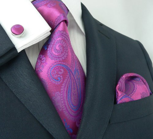 Landisun 74G Purples Blue Paisleys Mens Silk Tie Set: Tie+Hanky+Cufflinks