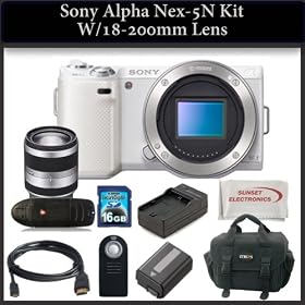 Sony Alpha Nex-5N Kit with 18-200mm Lens. Package Includes: Sony Nex5N Digital Camera(White), 18-200mm Sony Lens, Extended Life Battery, Rapid Travel Charger, 16mm Memory Card, Memory Card Reader, HDMI Cable & Much More!