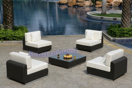 Cheap Modern Furniture All-Weather Collection: Set of Four White Chairs and Glass top Coffee Table