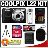 Nikon Coolpix L22 12.0 Megapixel Digital Camera with 3.6x Optical Zoom (Black) with + 4GB Card + (4) Batteries + Case + Accessory Kit