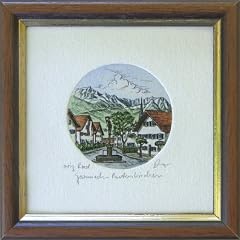 Garmisch Partenkirchen Original Radierung von Kurt Ries gerahmt in Echtholzrahmen mit Goldkante 10x10cm aus der Serie Stadtmotive der Edition RIES