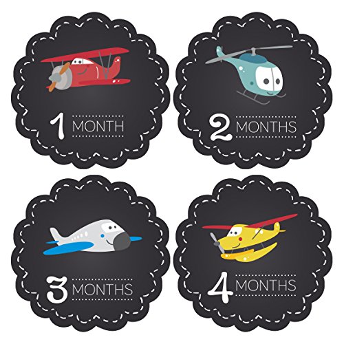 Pinkie Penguin Baby Monthly Stickers - Airplanes Chalkboard - Milestone Onesie Stickers - 1-12 Months - Baby Shower Gift